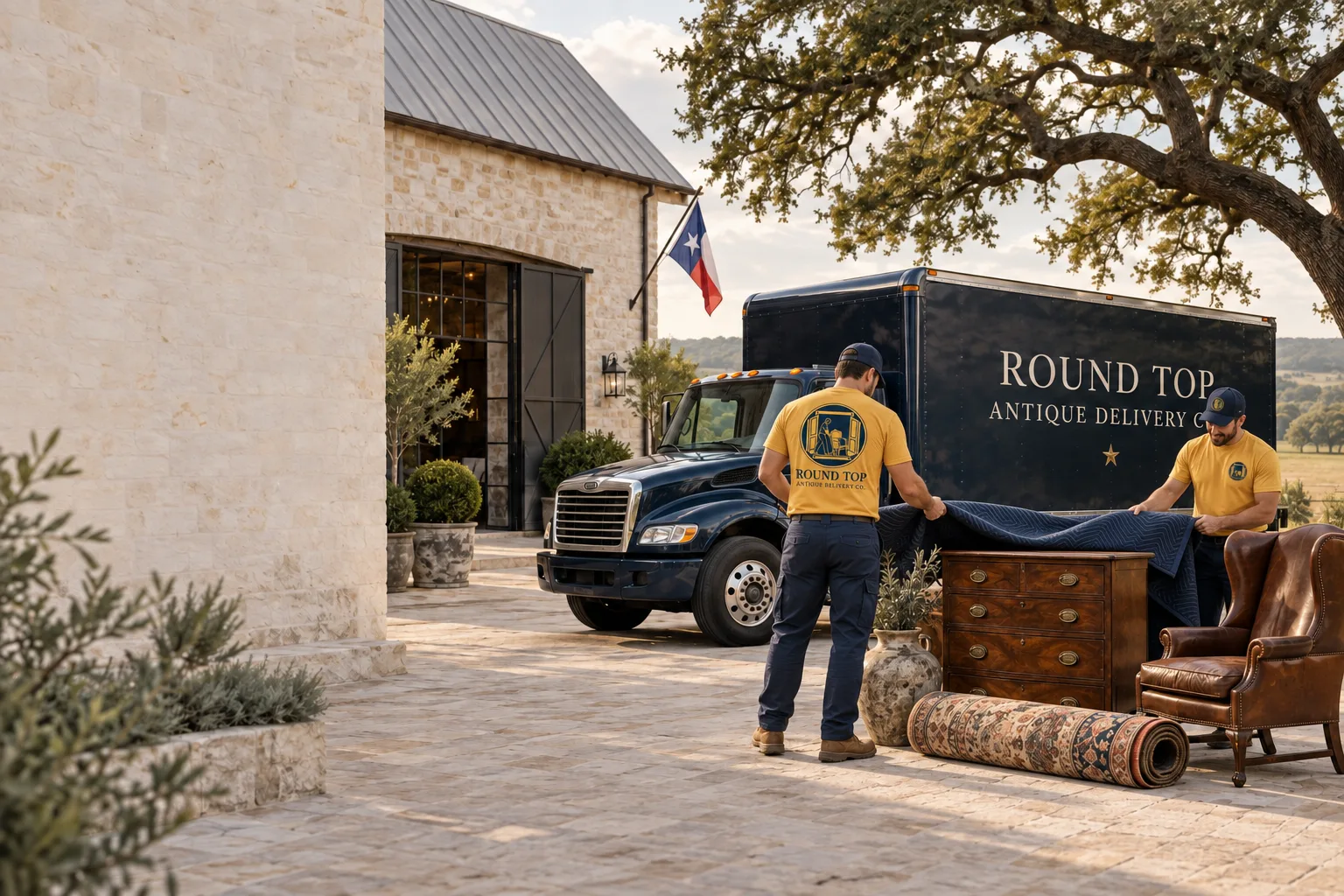 Illustrative Round Top Antique Delivery Co. truck with fine antiques in a Texas limestone courtyard